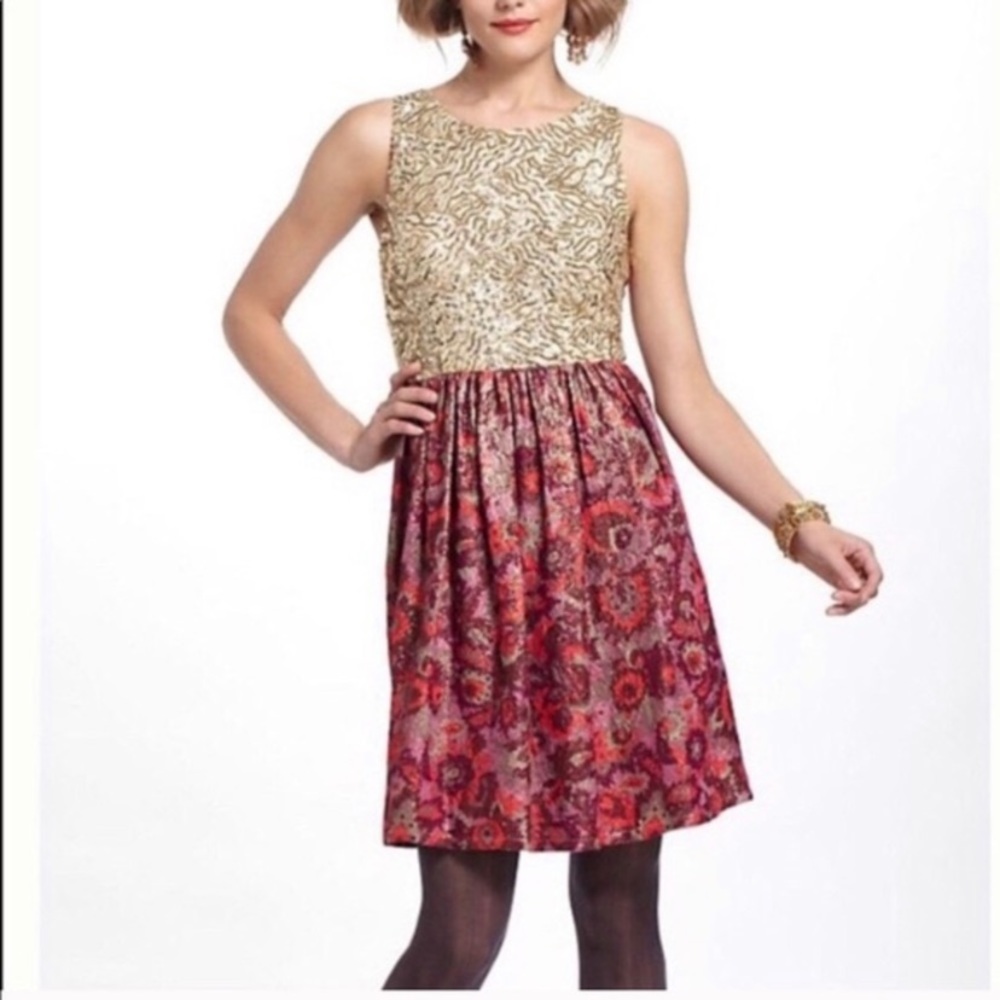 Gold Sequin and Jacquard Wren Anthropologie Dress